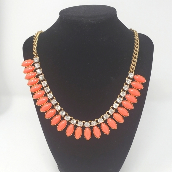 J. CREW BRIGHT CORAL TEARDROP CLEAR RHINESTONE STATEMENT NECKLACE WOMEN JEWELRY - Picture 1 of 13